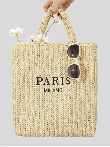 Women's Beach Vacation Letter Embroidered Design Straw Raffia Basket Tote Bag - LIGHT COFFEE - L