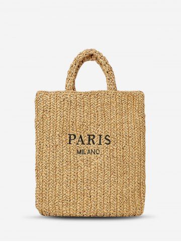 Women's Beach Vacation Letter Embroidered Design Straw Raffia Basket Tote Bag - COFFEE - L
