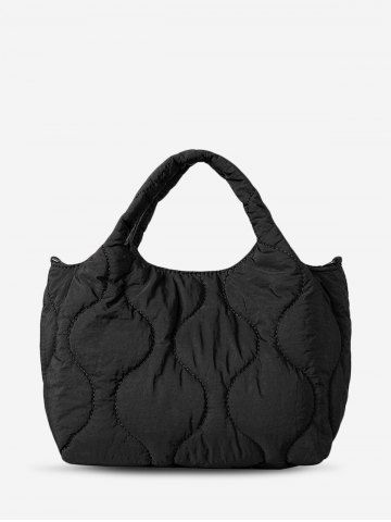 Women's Daily Solid Color Puffer Padded Quilted Tote Handbag - BLACK