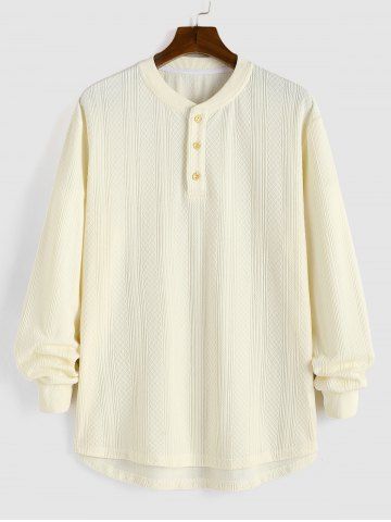 Men's Hemp Jacquard Weave Solid Color Quarter Button V-neck Pullover Long Sleeves T-shirt - WHITE - M