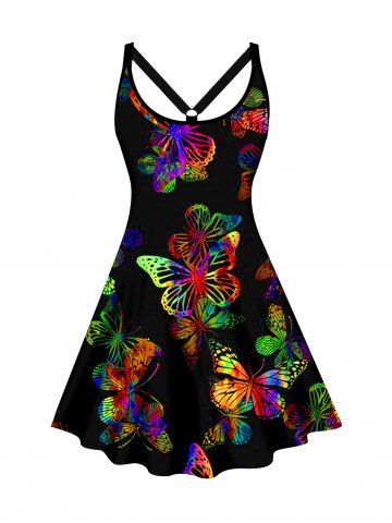 Plus Size Colorful Butterfly Print A Line Casual Mini Tank Dress - BLACK - L