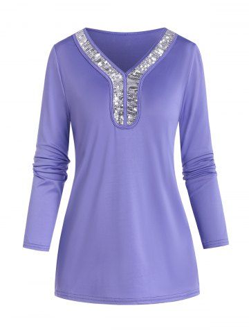 Sequins Panel V Neck Tee - LIGHT PURPLE - S