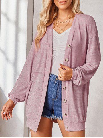 Heathered Long Knit Button Up Long Sleeve Casual Cardigan - LIGHT PINK - M