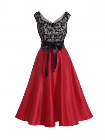 Contrast Color Flower Lace Belted High Waist Party Dress - RED - 2XL