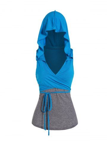 Crossover Sleeveless Hooded Crop Top And V Neck Spaghetti Strap Camisole Set - BLUE - S