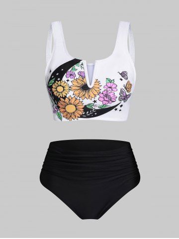 Retro Tummy Control Sunflower Print Tankini Swimsuit - BLACK - XXL