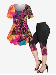 Plus Size Tie Dye Glitter Paisley Printed T-shirt and Pockets Capri Leggings Outfit -  