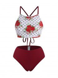 Polka Dot Flower Cross High Rise Tankini Swimwear -  