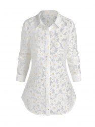 Long Sleeve Flower Print See Through Shirt -  