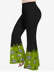 Pantalon Evasé D'Halloween Crâne Imprimée en Blocs de Couleurs de Grande Taille - Noir XS