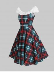 Off Shoulder Plaid Knotted Knee Length Dress -  