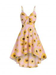 Robe Haute Basse à Imprimé Tournesol à Bretelle Fine - Rose clair XL