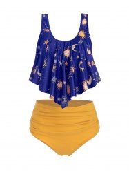 Maillot de Bain Tankini Lune Etoile et Soleil à Taille Haute à Volants - Bleu Myrtille 2XL