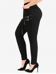 Plus Size Lace Up Pockets Buckle Pull On Leggings -  