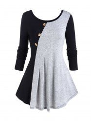Contrast Colorblock Pleated Mock Button Long Sleeve Casual T Shirt -  