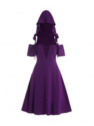 Plain Color Tied Ladder Cut Out Overlay Cold Shoulder High Waisted A Line Mini Hooded Dress -  