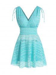Modest Geometric Lace Hollow Out Cinched Shoulder High Waisted Boyshorts Tankini Swimsuit -  