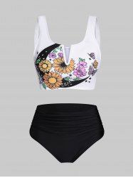 Maillot de Bain Tankini Rétro Gainant à Imprimé Tournesol - Noir XXL