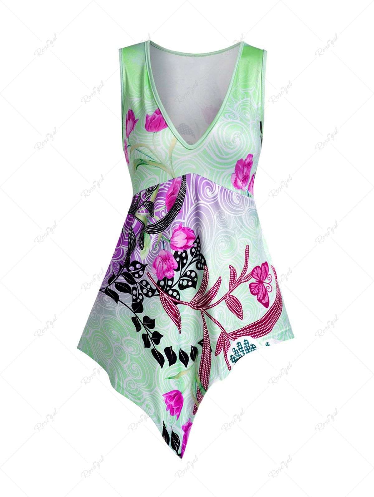 Buy Butterfly and Flower Print Plunge Neck Asymmetric Tank Top  