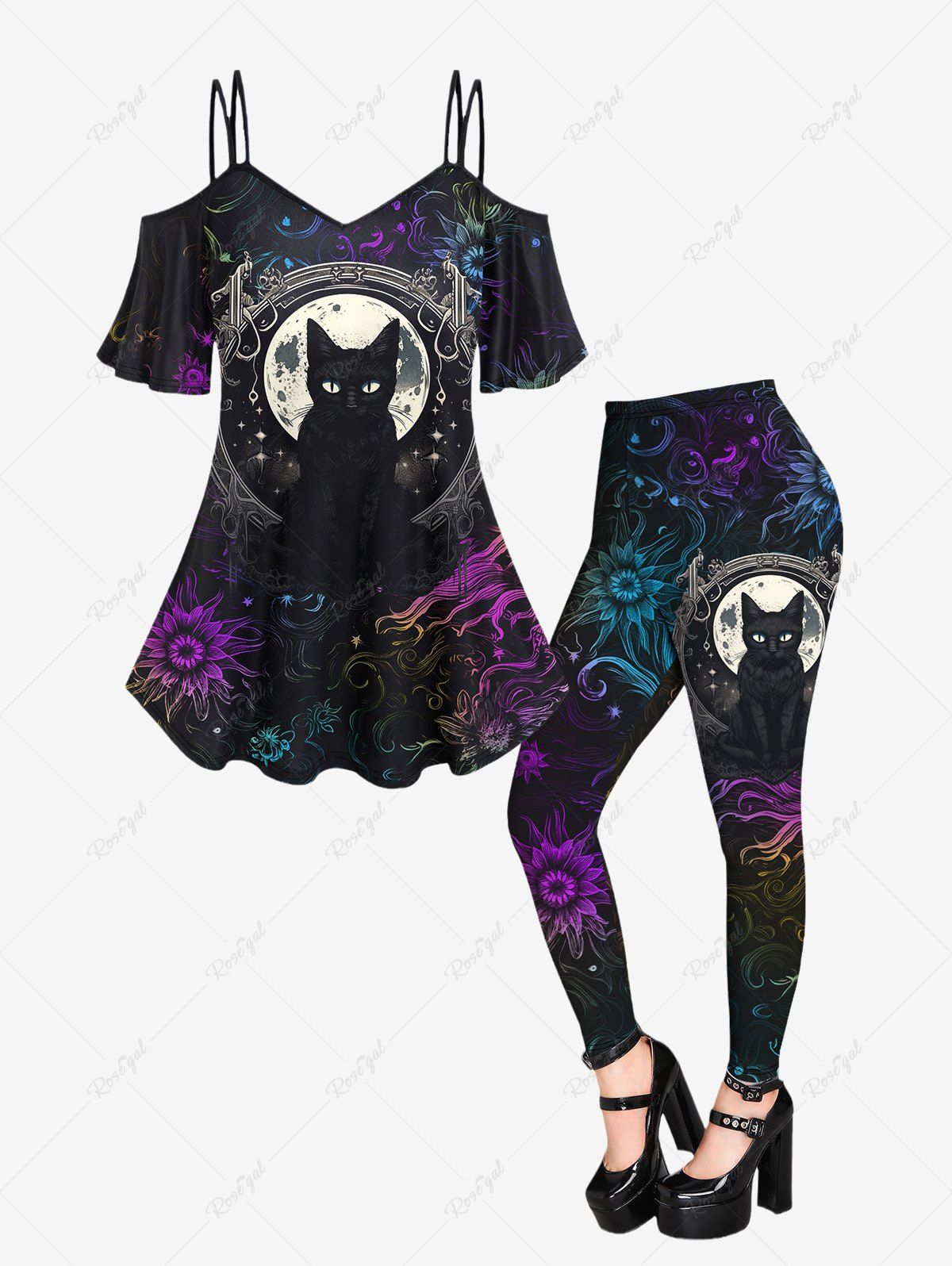 Gothic Moon Cat Colorful Floral Glitter Printed Cold Shoulder Cami T-shirt and Leggings Outfit Noir 