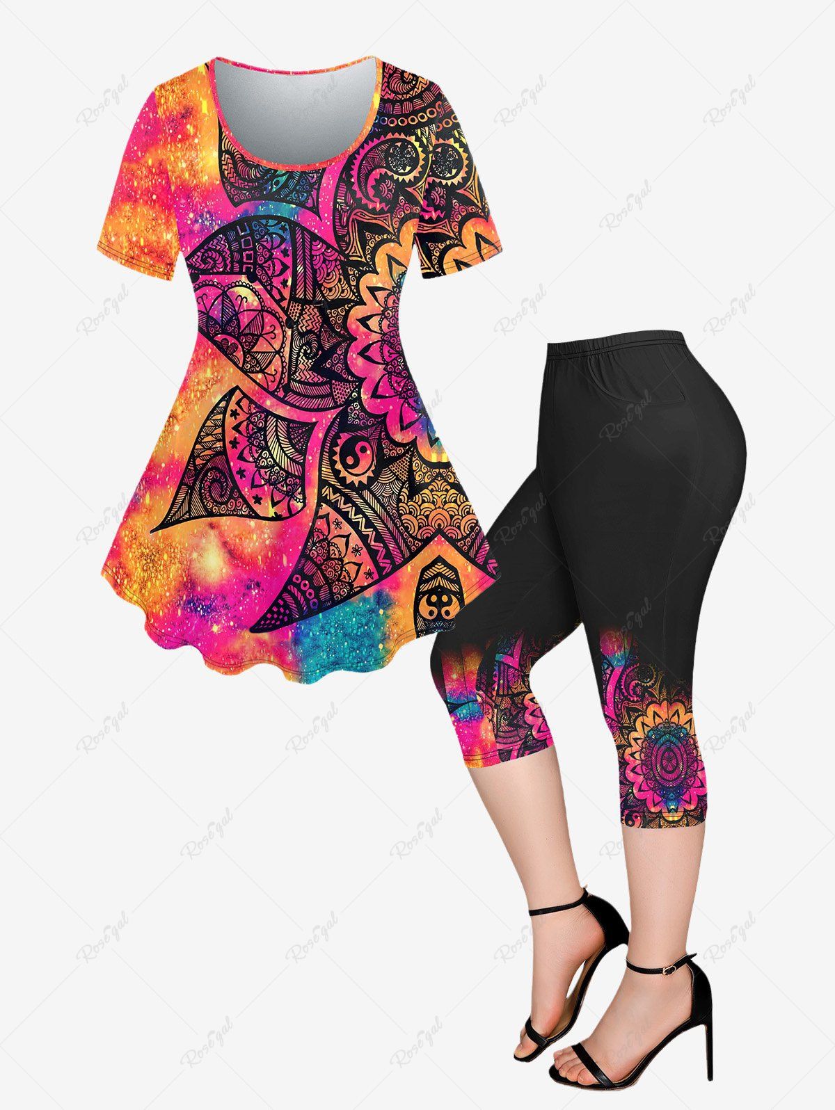 Shops Plus Size Tie Dye Glitter Paisley Printed T-shirt and Pockets Capri Leggings Outfit  