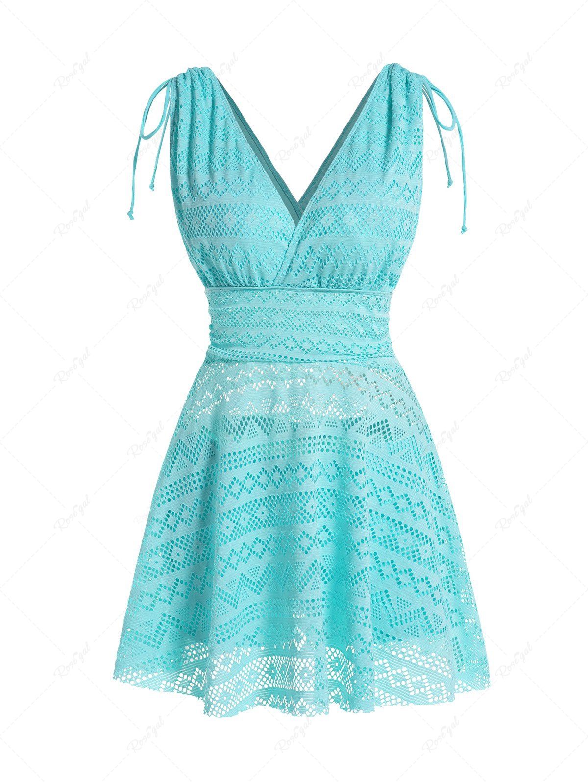 Discount Modest Geometric Lace Hollow Out Cinched Shoulder High Waisted Boyshorts Tankini Swimsuit  