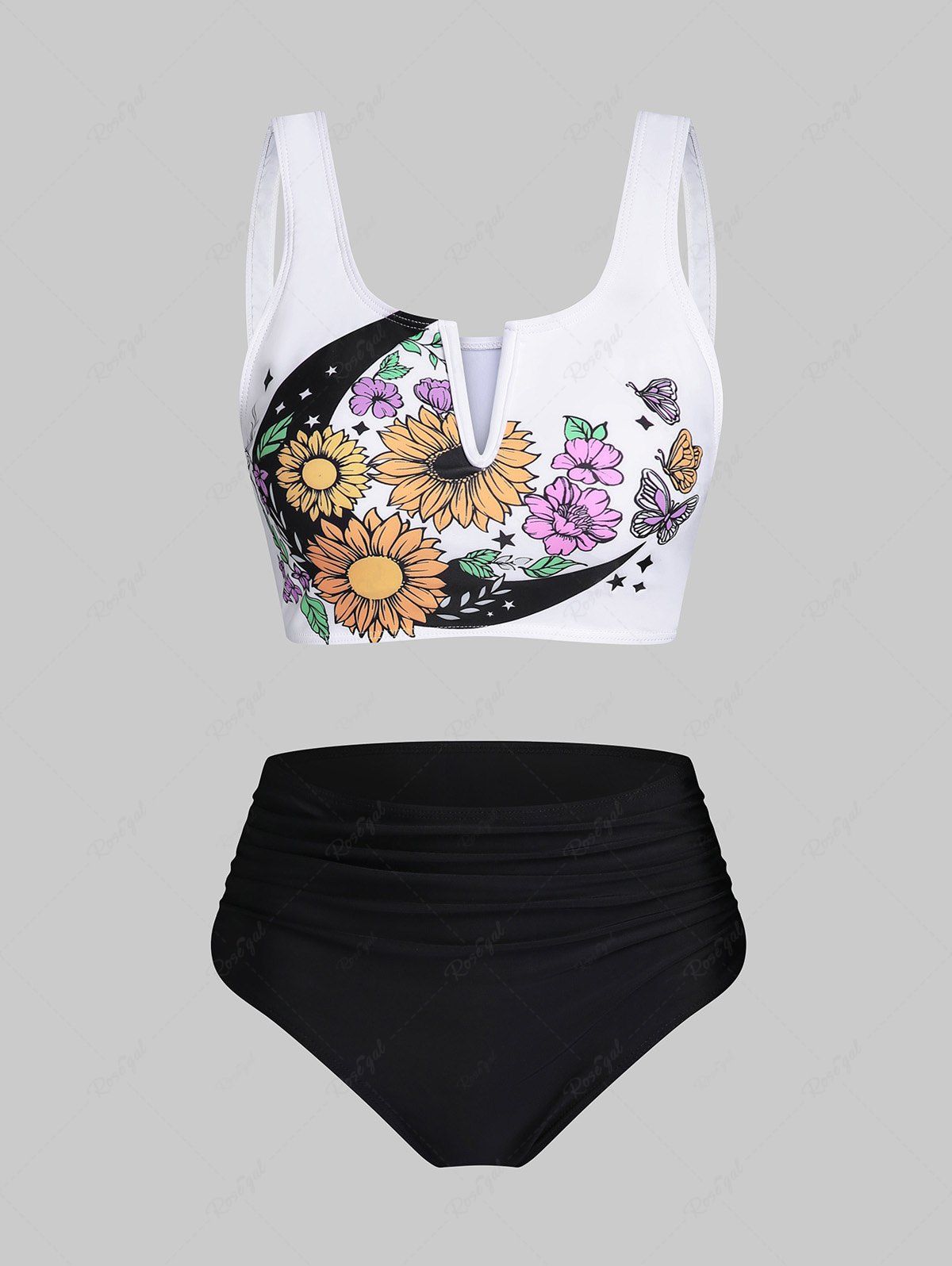 Maillot de Bain Tankini Rétro Gainant à Imprimé Tournesol Noir XXL