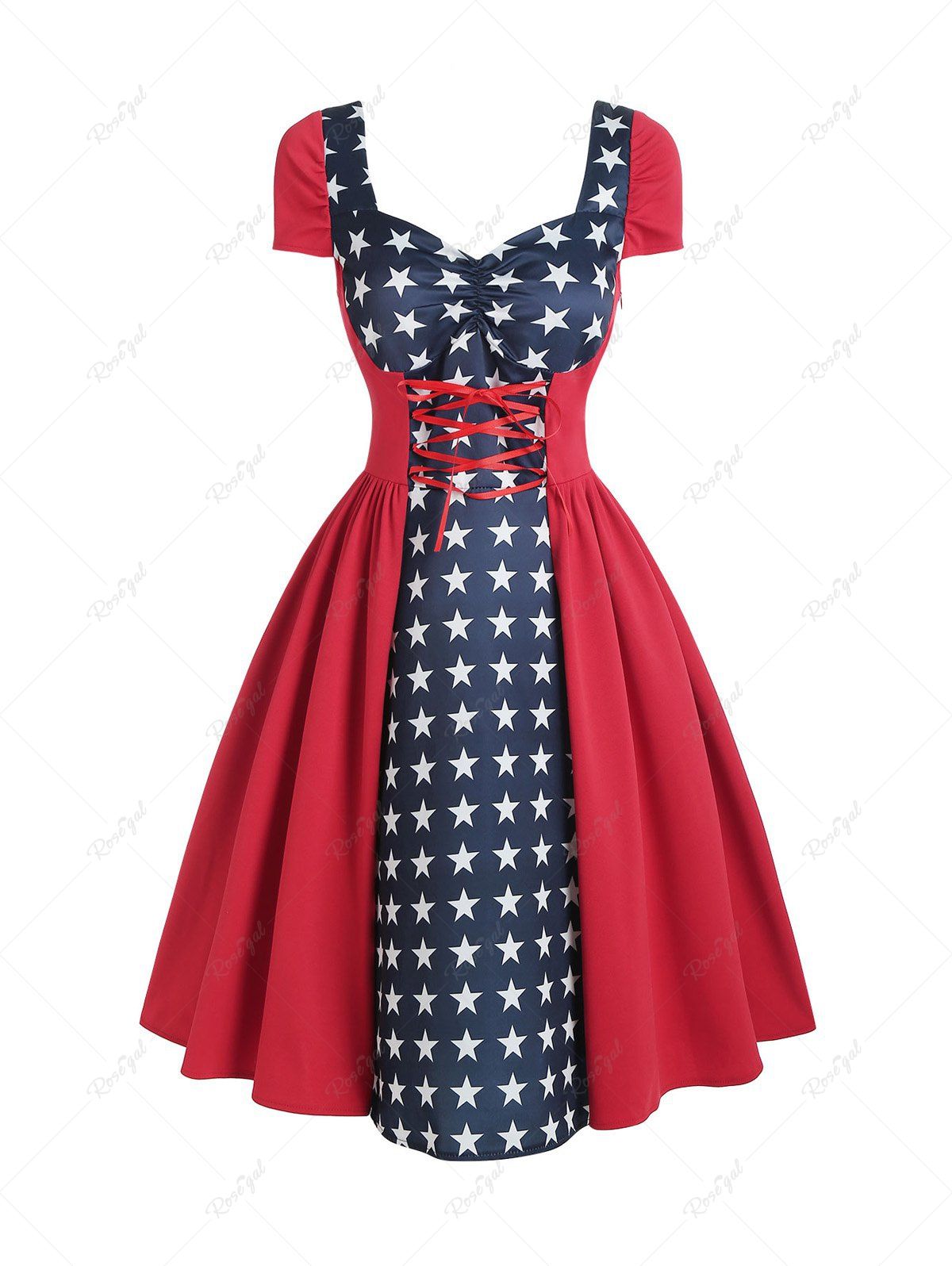 Trendy Star Gingham Ruched Lace Up Sweetheart Neck Dress  
