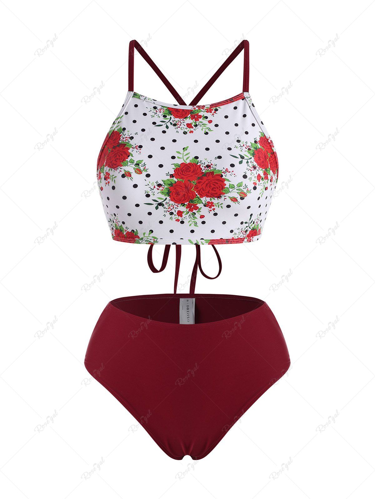 Shops Polka Dot Flower Cross High Rise Tankini Swimwear  