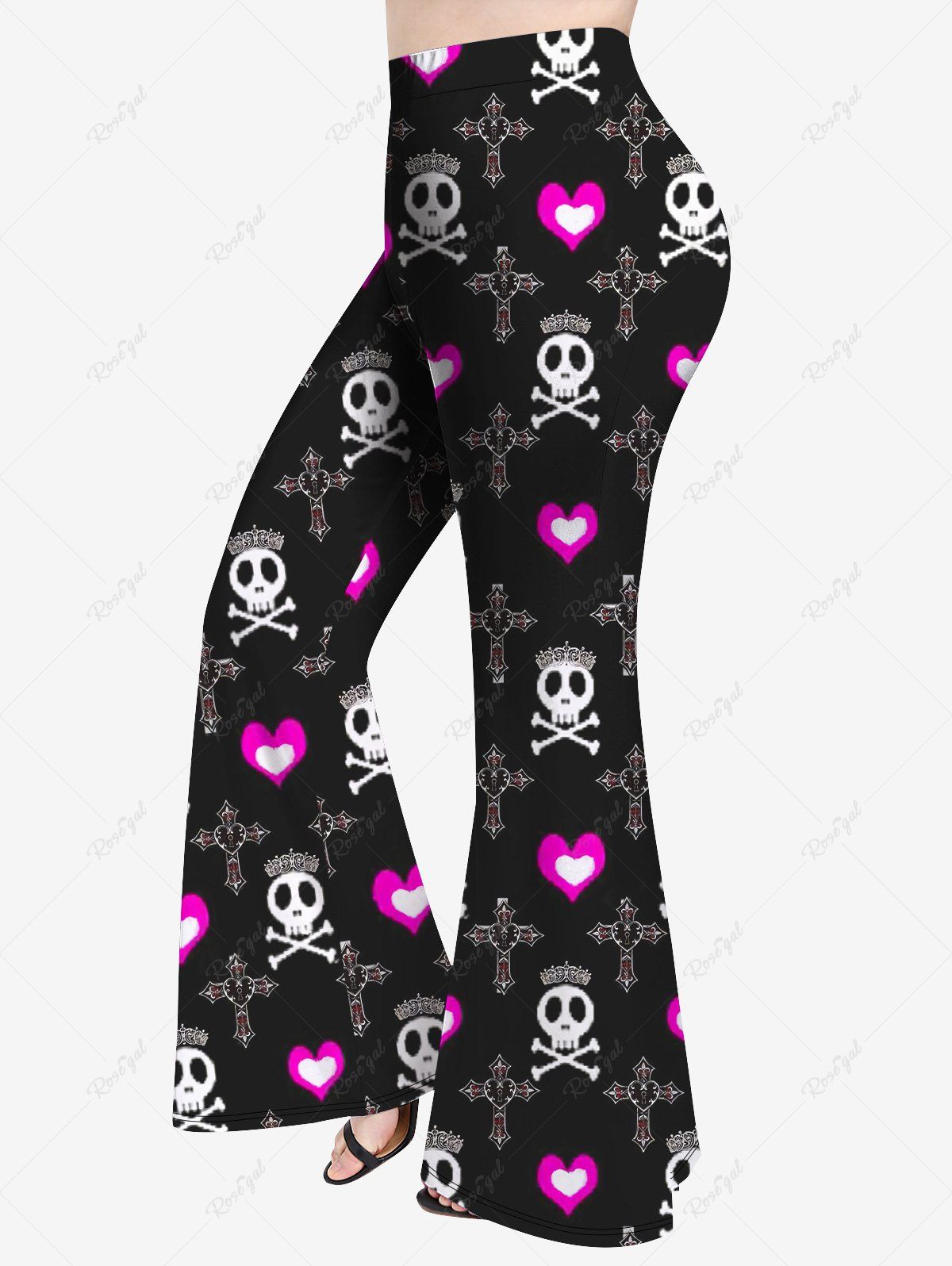 Sale Halloween Plus Size Skull Heart Cross Crown Bone Print Flare Pants  