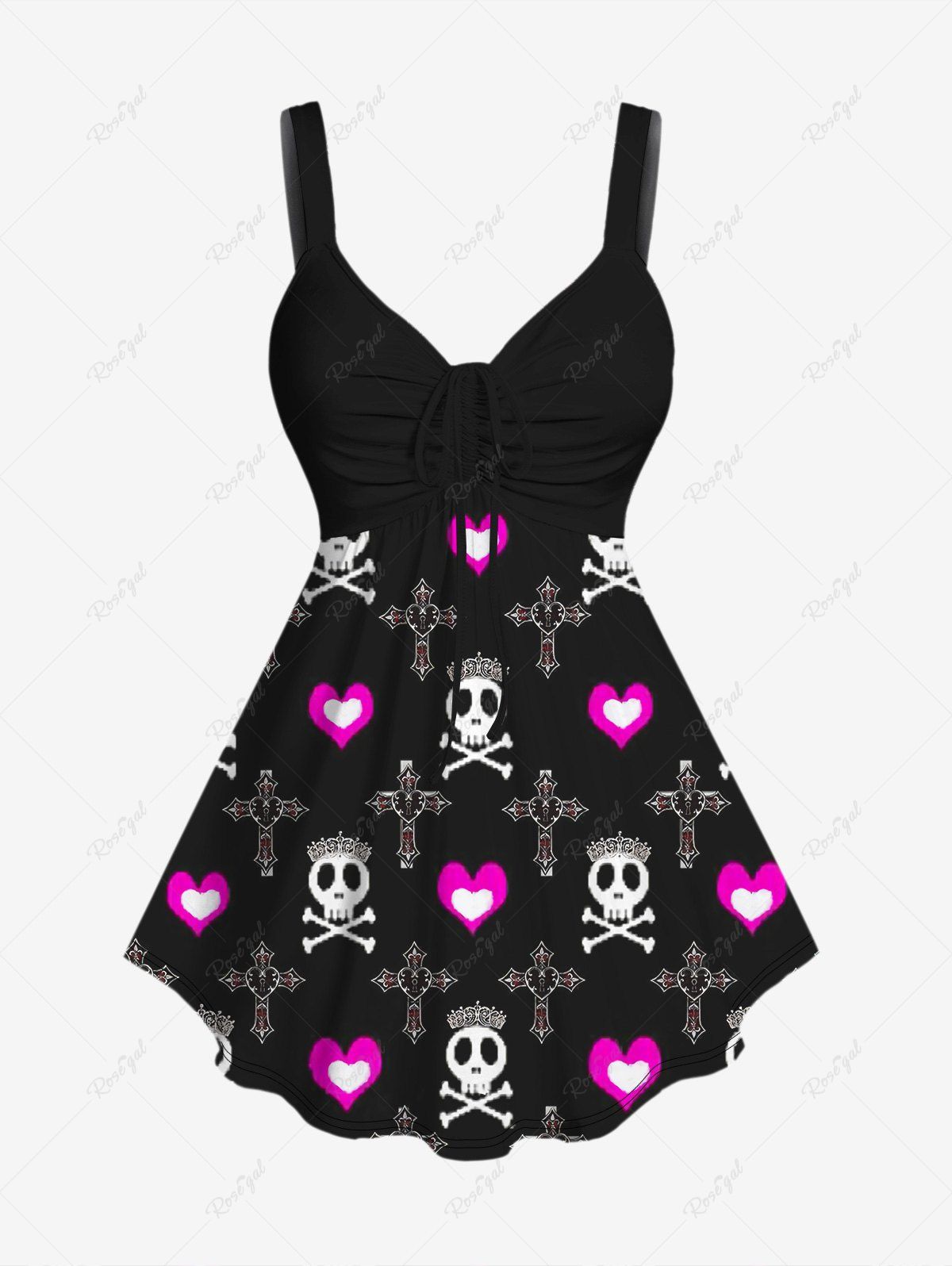 Store Plus Size Valentine's Day Skull Heart Cross Crown Bone Print Cinched Tank Top  