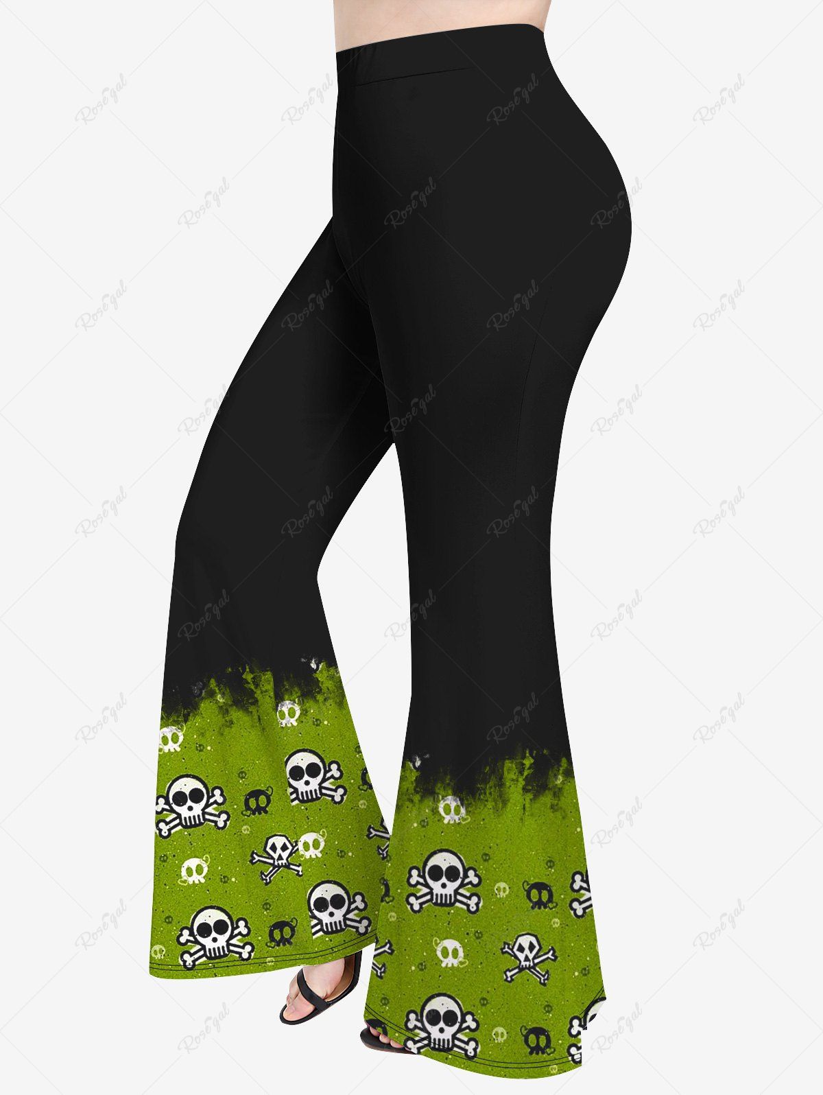 Pantalon Evasé D'Halloween Crâne Imprimée en Blocs de Couleurs de Grande Taille Noir XS