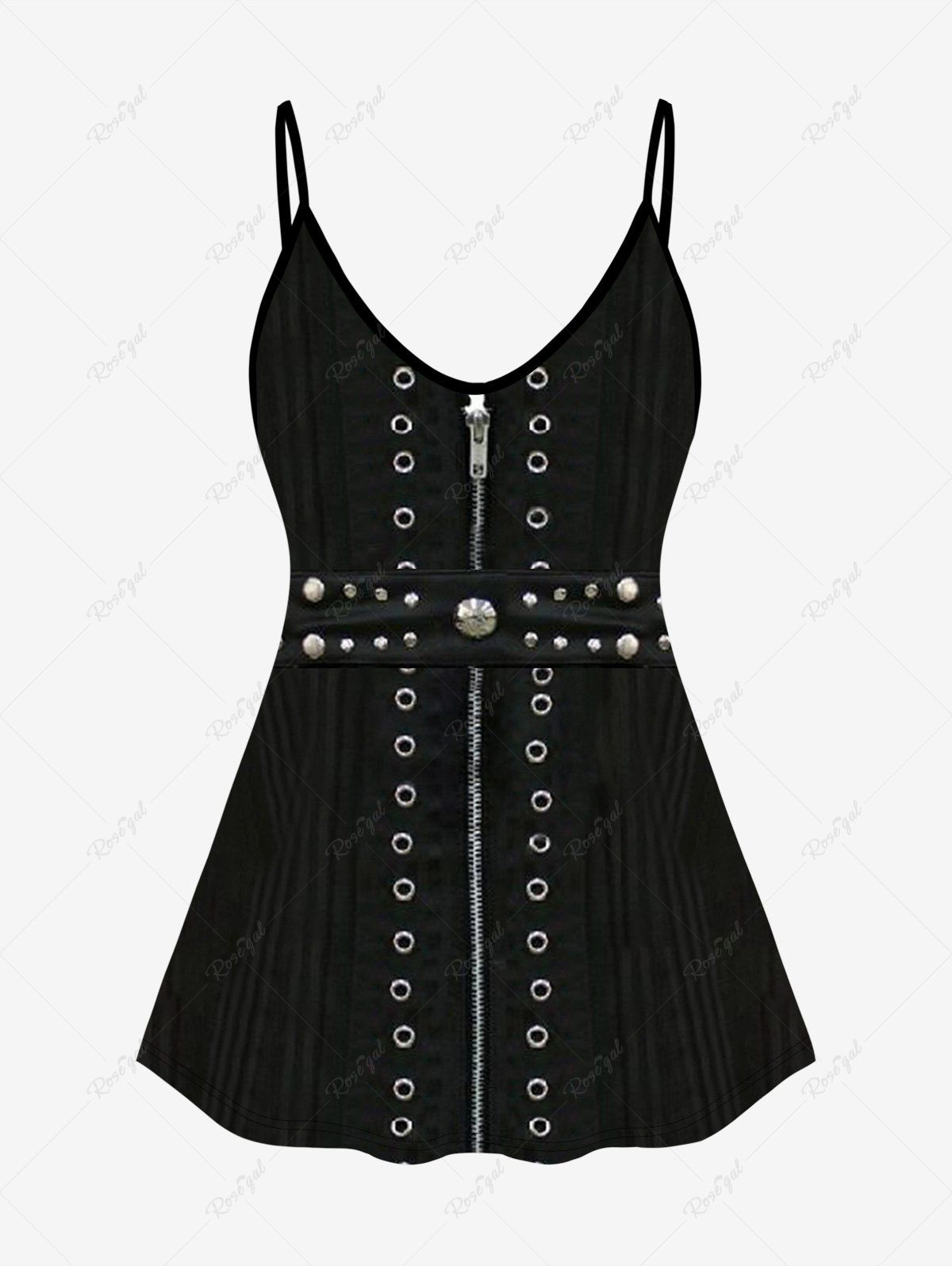 Chic Plus Size 3D Rivet Grommets Zipper Print Cami Top (Adjustable Shoulder Strap)  