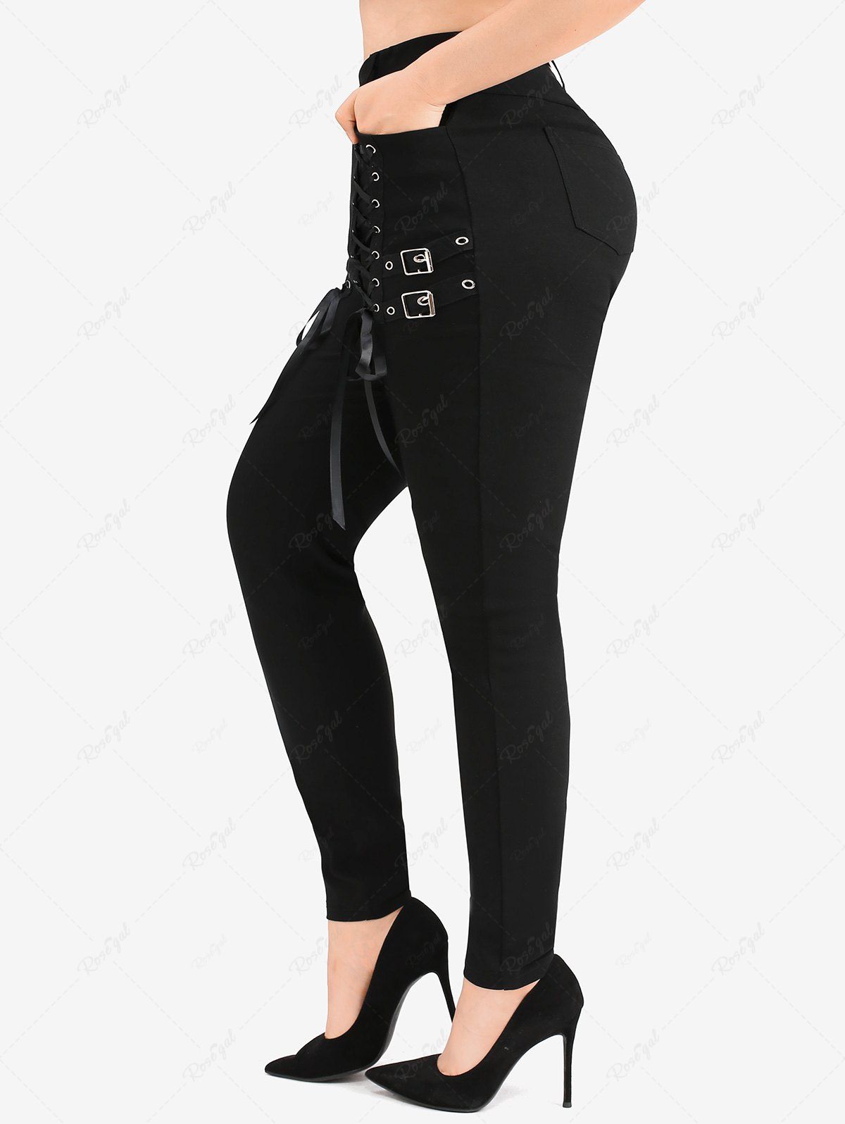 Fancy Plus Size Lace Up Pockets Buckle Pull On Leggings  