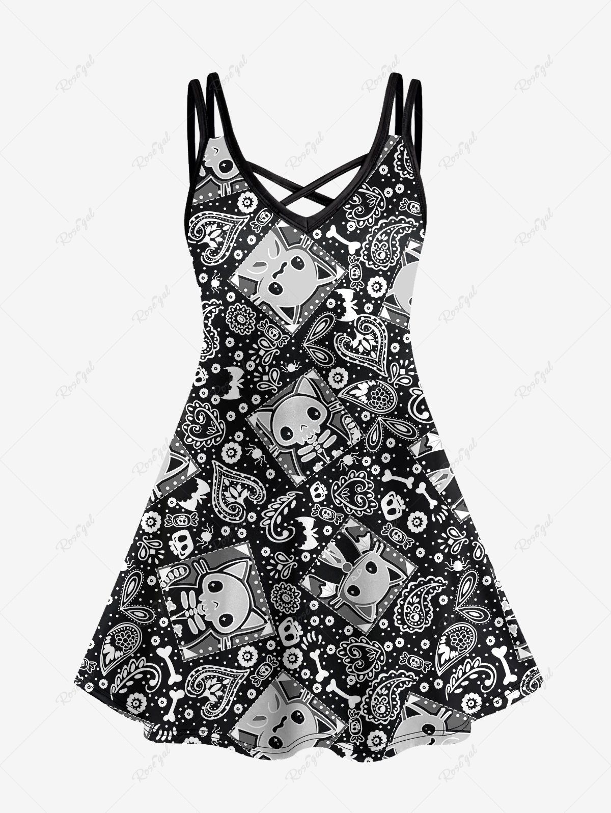 Outfit Gothic Cartoon Cute Cat Floral Bone Paisley Graphic Print Crisscross Cami Dress  