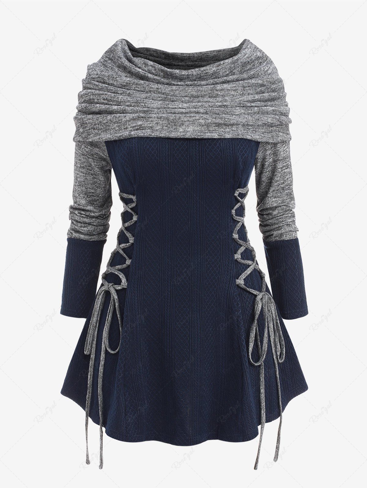 Trendy Plus Size Convertible Collar Lace Up Patchwork Textured Cable Knit Long Sleeves Pullover Sweater  