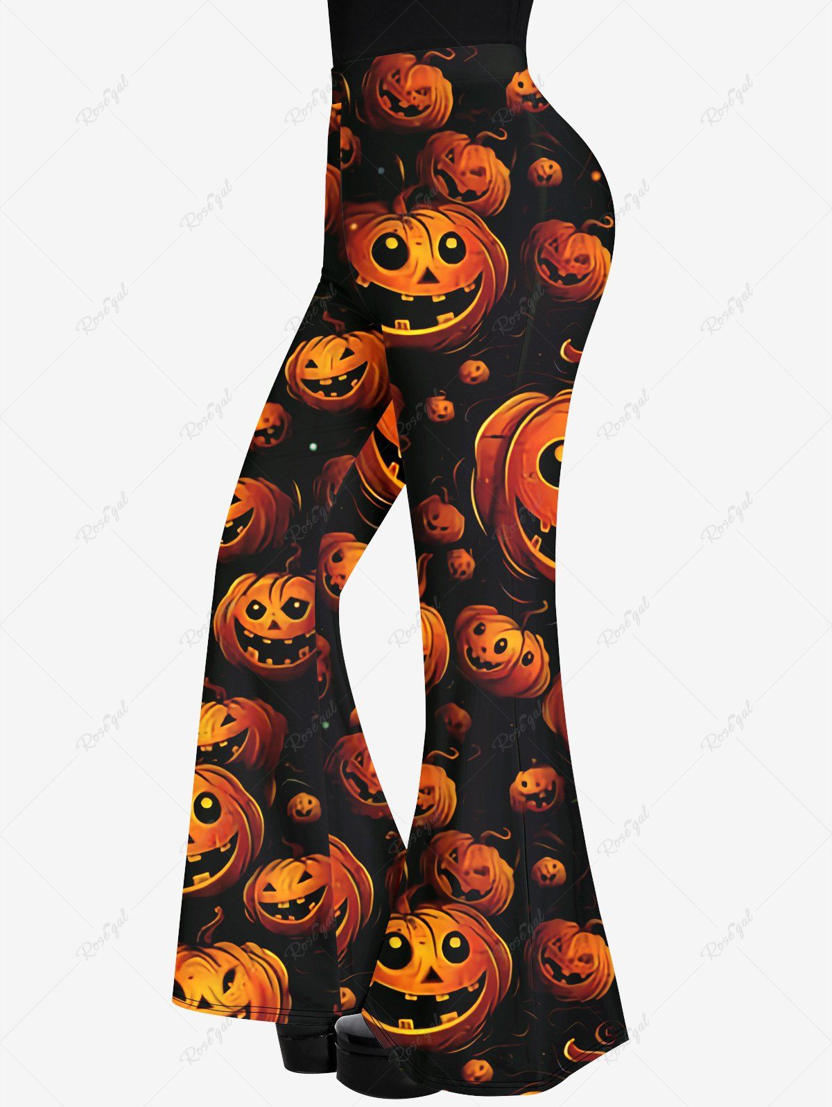Pantalon D'Halloween Evasé Lanterne de Citrouille Imprimée Noir 2X
