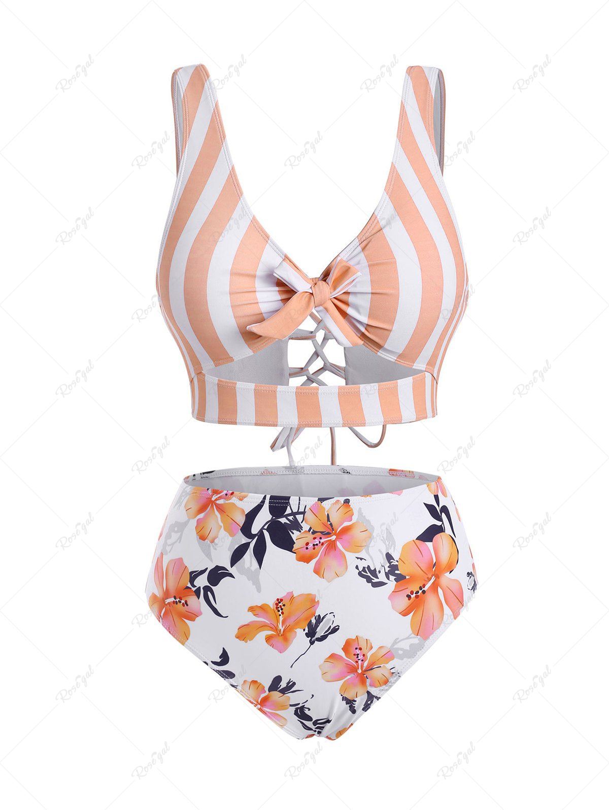 Fancy Striped Floral Cutout Lace-up Knot Tankini Swimwear  