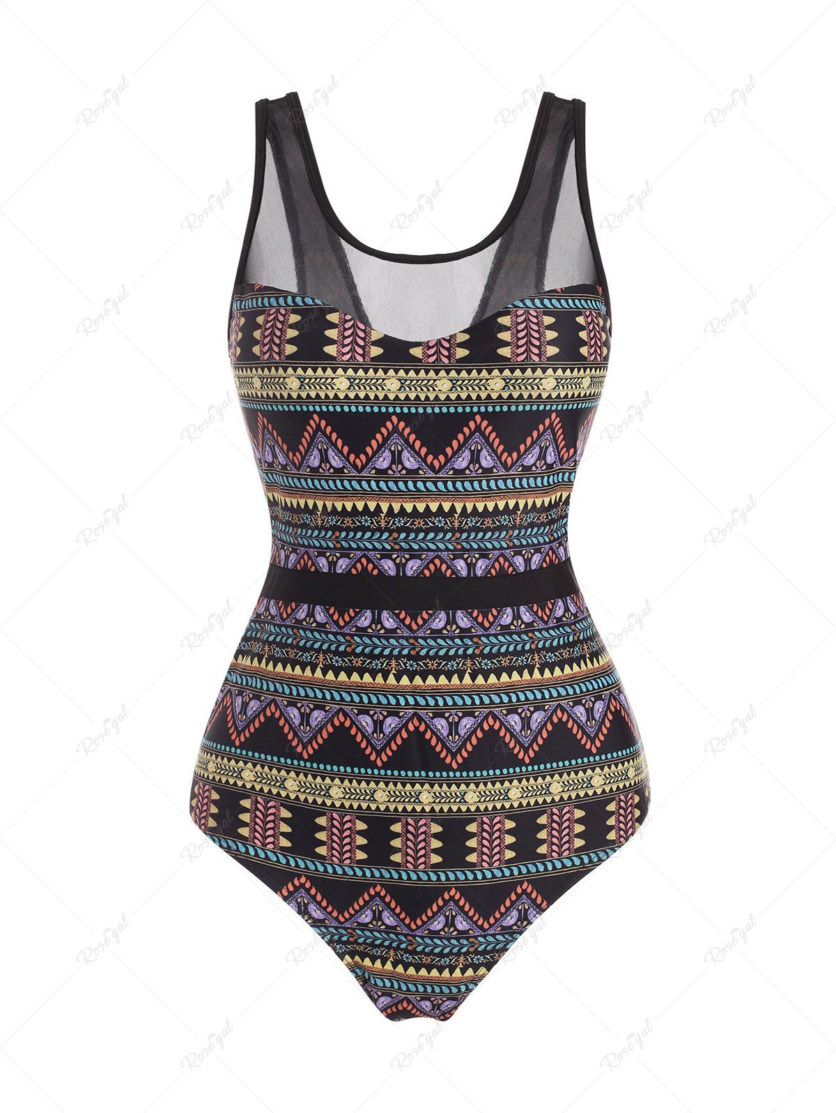 Cheap Mesh Insert Tribal Print Lace-up One-piece Swimwear  
