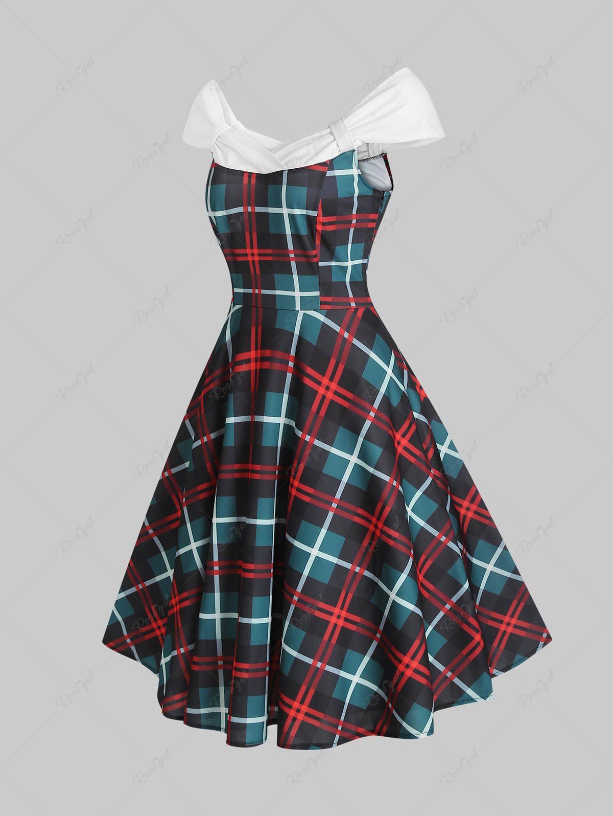 Discount Off Shoulder Plaid Knotted Knee Length Dress  