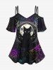 Gothic Moon Cat Colorful Floral Glitter Printed Cold Shoulder Cami T-shirt and Leggings Outfit -  