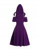 Plain Color Tied Ladder Cut Out Overlay Cold Shoulder High Waisted A Line Mini Hooded Dress -  