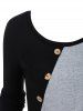 Contrast Colorblock Pleated Mock Button Long Sleeve Casual T Shirt -  