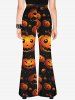 Pantalon D'Halloween Evasé Lanterne de Citrouille Imprimée - Noir 1X