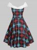 Off Shoulder Plaid Knotted Knee Length Dress -  