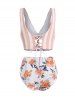 Striped Floral Cutout Lace-up Knot Tankini Swimwear -  