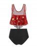 Maillot de Bain Tankini Lune Etoile et Soleil à Taille Haute à Volants - Rouge Rubis L