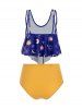 Maillot de Bain Tankini Lune Etoile et Soleil à Taille Haute à Volants - Bleu Myrtille L