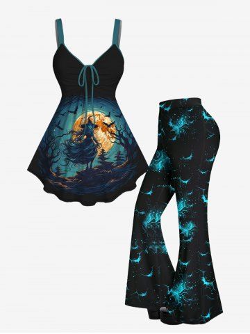 Halloween Wizard Bat Tree Moon Wave Galaxy Printed Cinched Tank Top and Flare Pants Outfit - BLACK