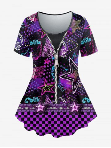 Plus Size 3D Zipper Pentagram Heart Plaid Colorful Light Beam Print T-shirt - PURPLE - XS